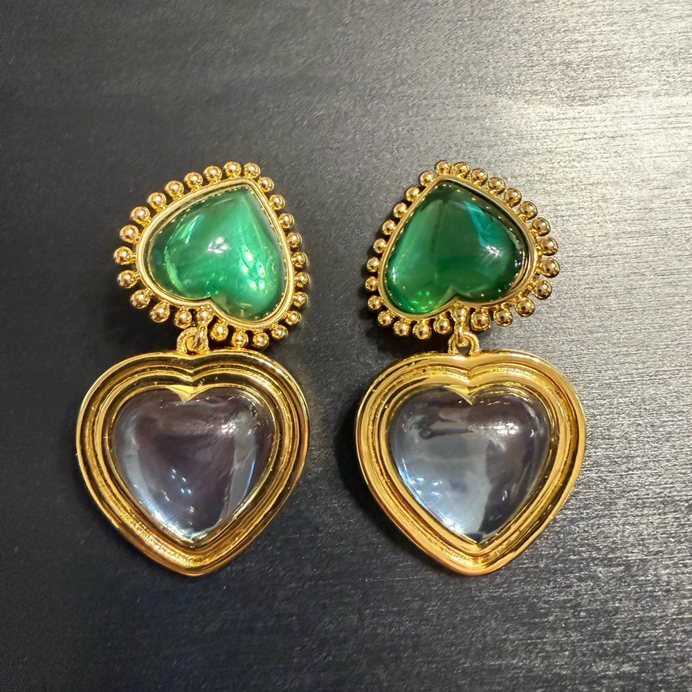 NEW Tory Burch Green & Blue heart drop clip-on earrings